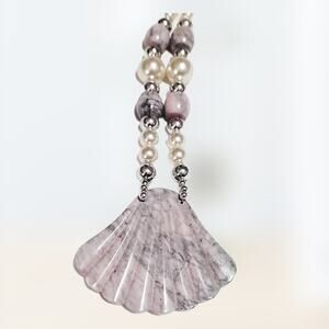 Faux pearl and lavender marbled stone fan shell statement necklace